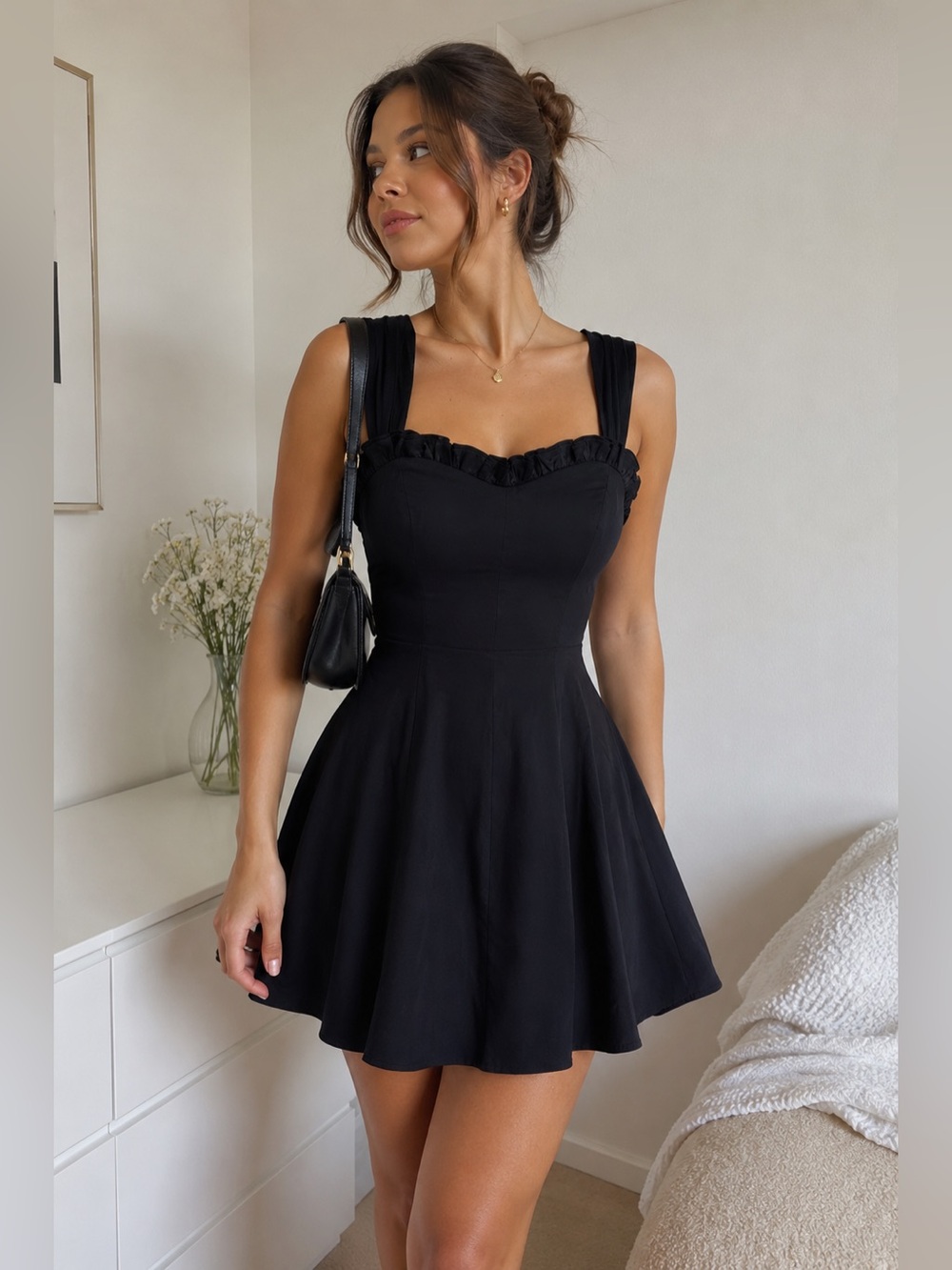Free people Black Fit & Flare Mini Dress Ruffle Trim Straps Size S NWT